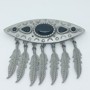Silver Western Faux Onyx and Feather Brooch